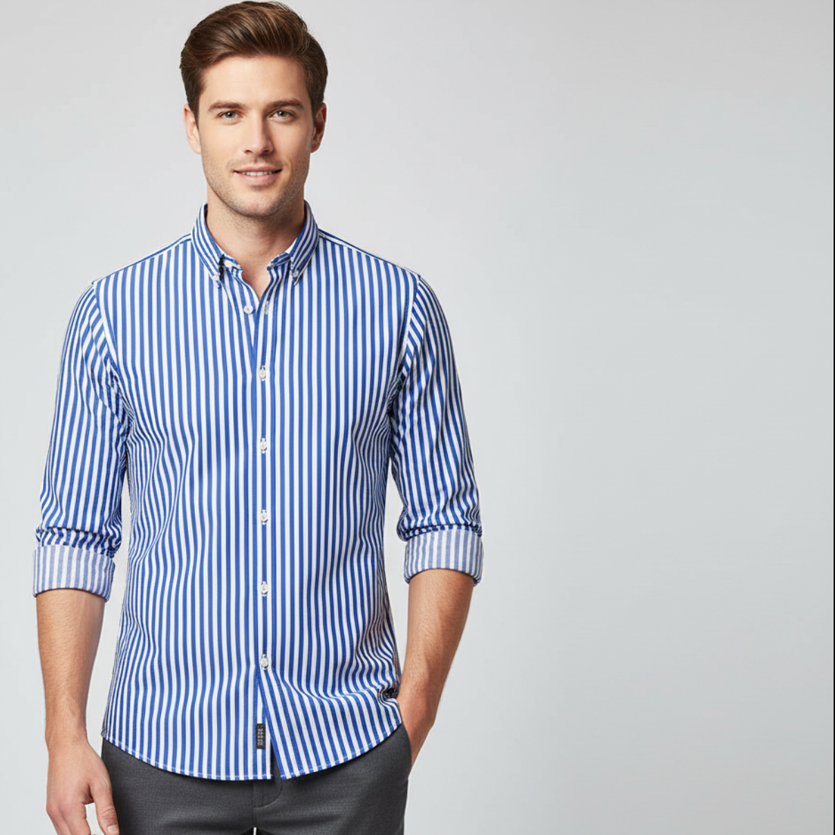 Camisa de vestir de manga larga a rayas para hombre