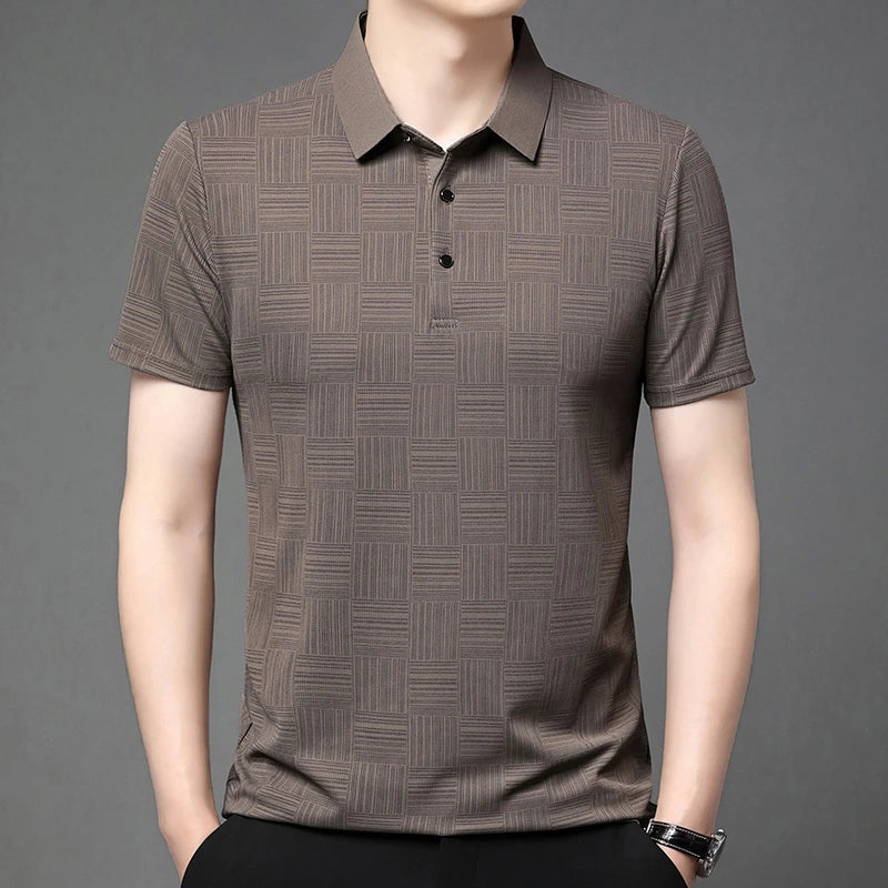 Camisa polo casual de manga curta masculina, camisa de algodão estampada, top confortável e respirável, nova moda, 2024