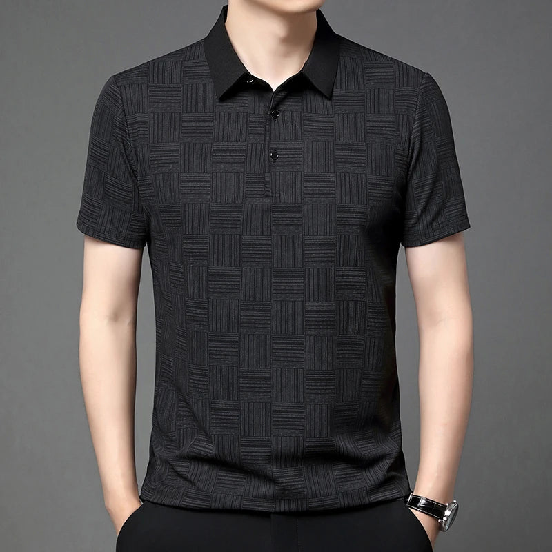 Camisa polo casual de manga curta masculina, camisa de algodão estampada, top confortável e respirável, nova moda, 2024