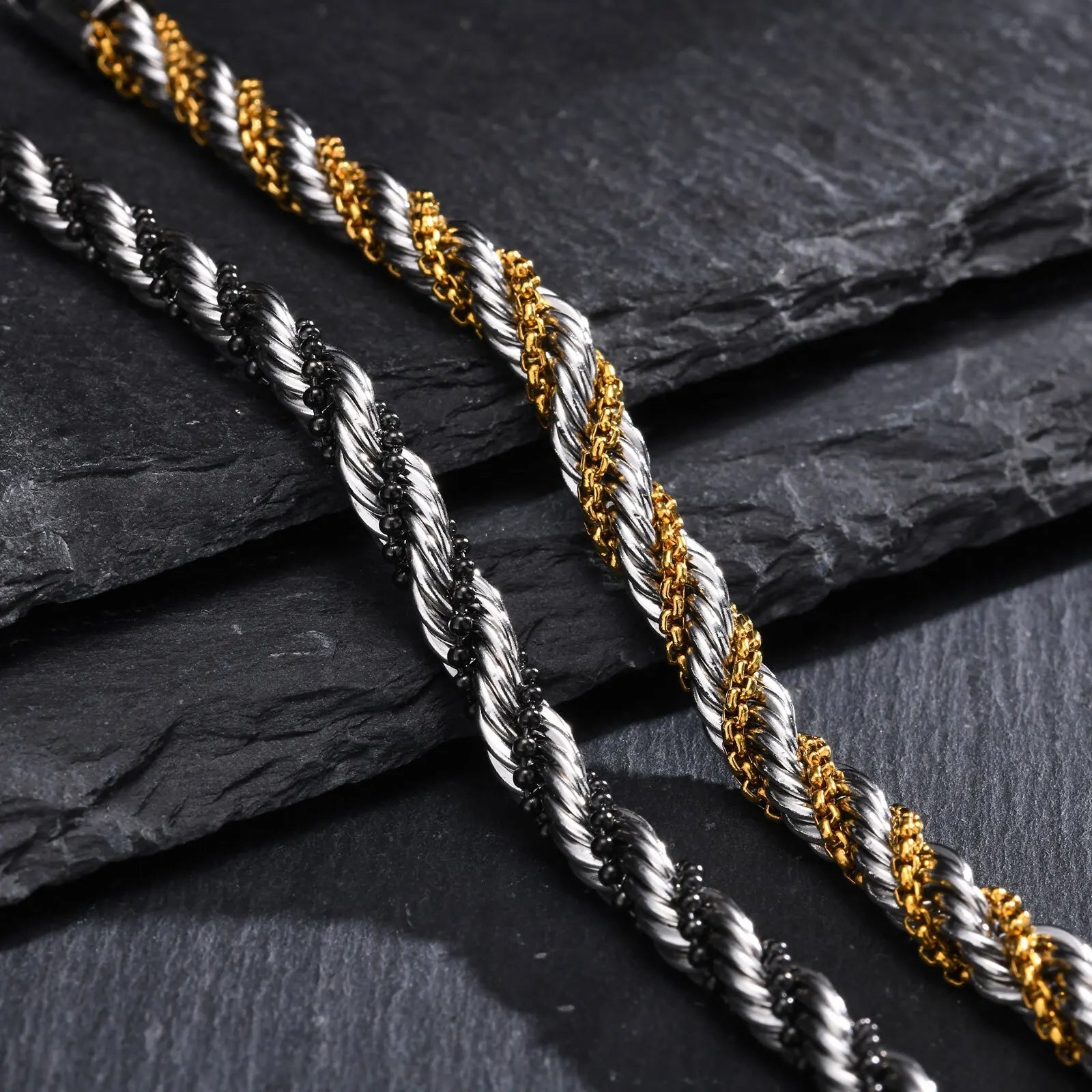 Pulseira Masculina Torcida em Aço Inoxidável Prata e Preto - Altino