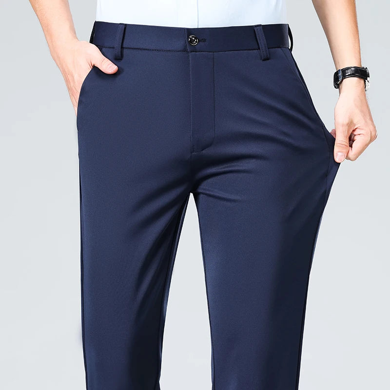 Verão outono calças finas dos homens vestido formal terno calças de trabalho qualidade negócios calças casuais preto vinho vermelho calças compridas