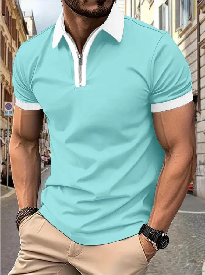 Camisa Polo Masculina Poliéster cor sólida com zíper