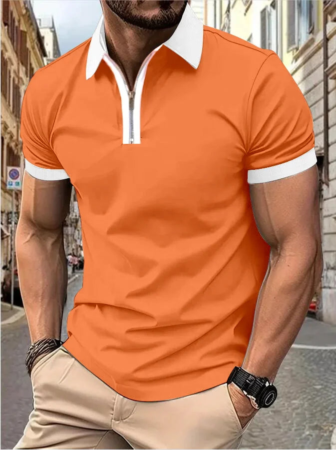 Camisa Polo Masculina Poliéster cor sólida com zíper