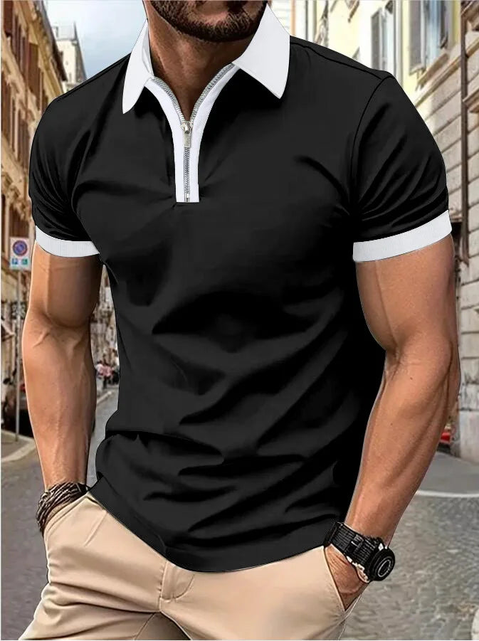 Camisa Polo Masculina Poliéster cor sólida com zíper