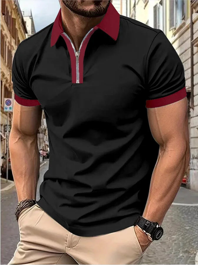 Camisa Polo Masculina Poliéster cor sólida com zíper