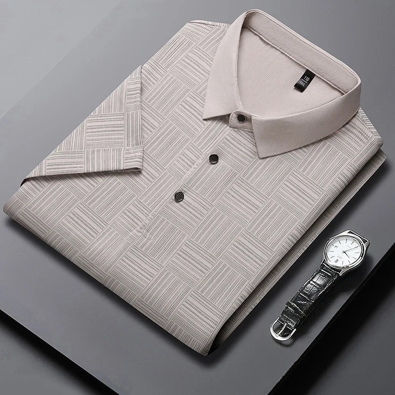 Camisa polo casual de manga curta masculina, camisa de algodão estampada, top confortável e respirável, nova moda, 2024