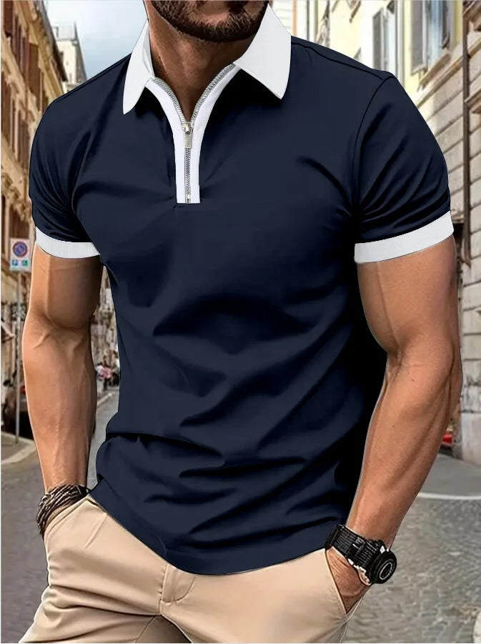 Camisa Polo Masculina Poliéster cor sólida com zíper