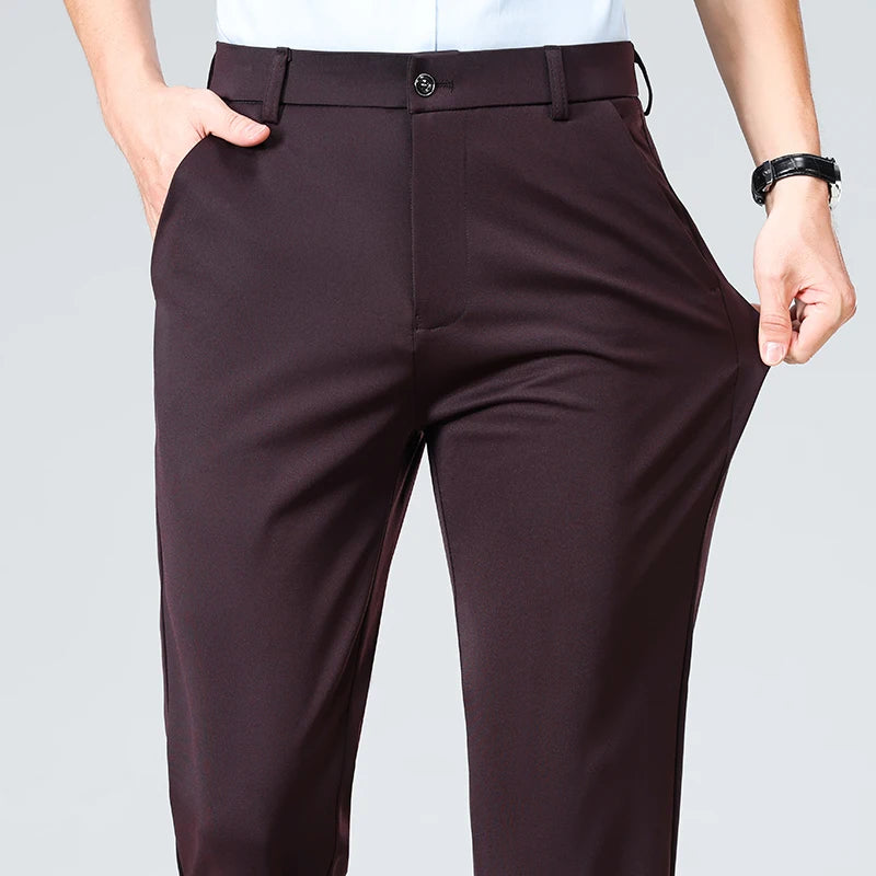 Verão outono calças finas dos homens vestido formal terno calças de trabalho qualidade negócios calças casuais preto vinho vermelho calças compridas