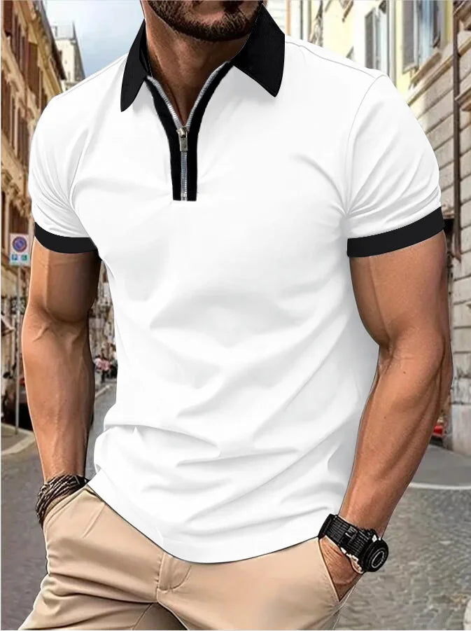 Camisa Polo Masculina Poliéster cor sólida com zíper
