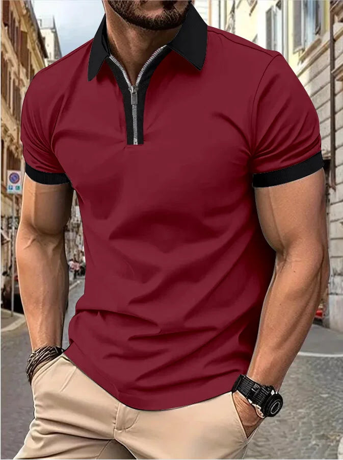 Camisa Polo Masculina Poliéster cor sólida com zíper