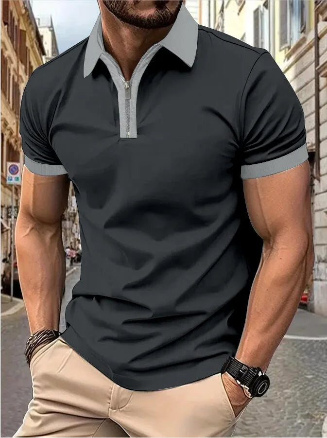 Camisa Polo Masculina Poliéster cor sólida com zíper