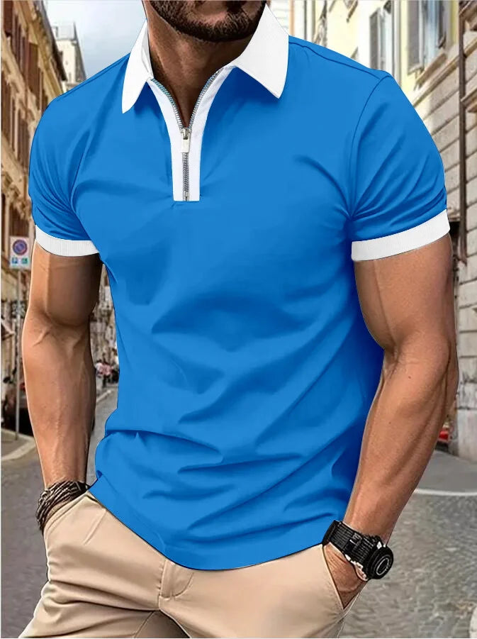 Camisa Polo Masculina Poliéster cor sólida com zíper